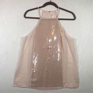 Victoria's Secret Pale Pink Semi Sheer Sequined High Neck Sleeveless Top Size M